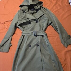 Olive Green Double-Breasted And Belted Trench Coat With Removable Hood